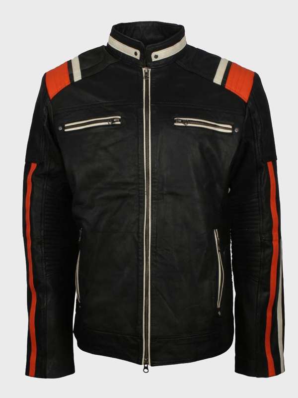 Cafe Racer Striped Mens Black Leather Biker Jacket - ShopCelebsWear