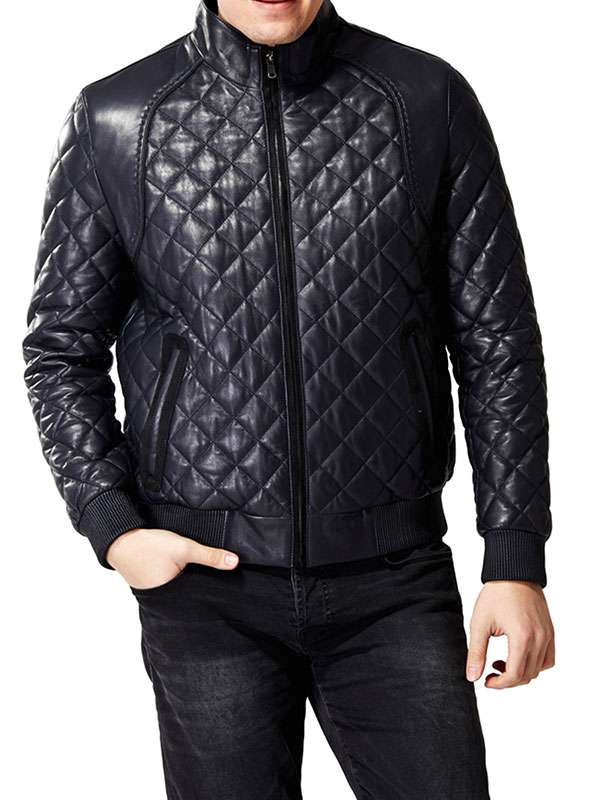 Men's Diamond Quilted Blue Leather Jacket - Shop Celebs Wear