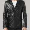 Three Button Black Leather Blazer For Men