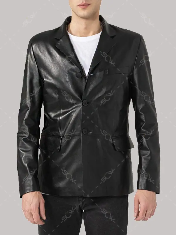 Three Button Black Leather Blazer For Men