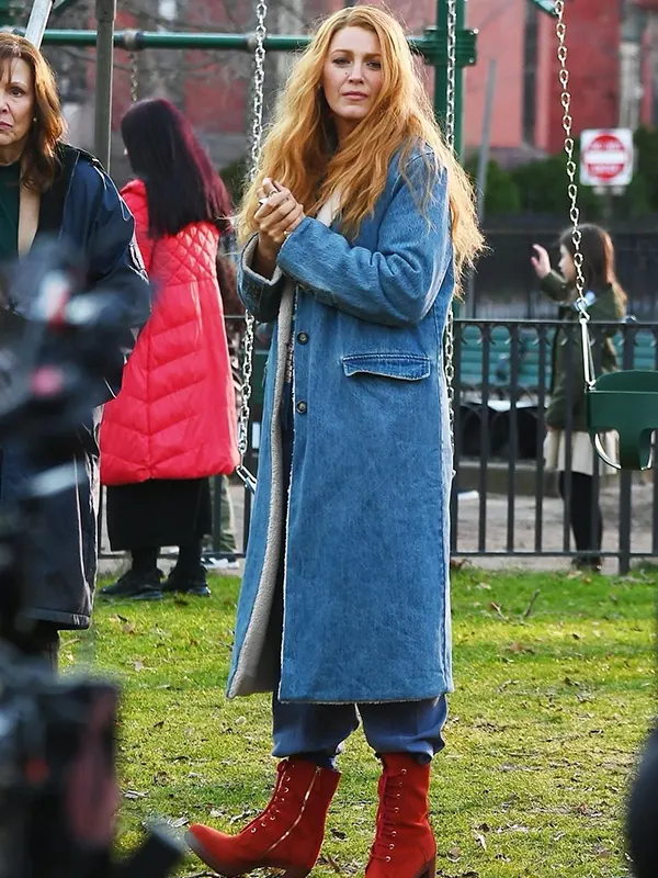 Blake Lively Still Here Sherpa Dimes Blue Coat