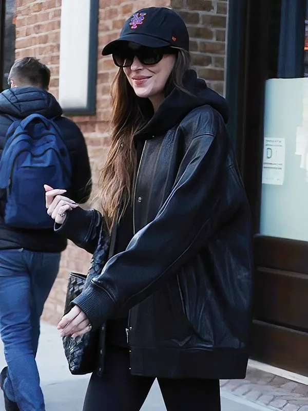 Dakota Johnson Stand Studio Oversized Black Varsity Panel Jacket