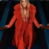 Lainey Wilson Red Leather Faux Fur Shearling Coat