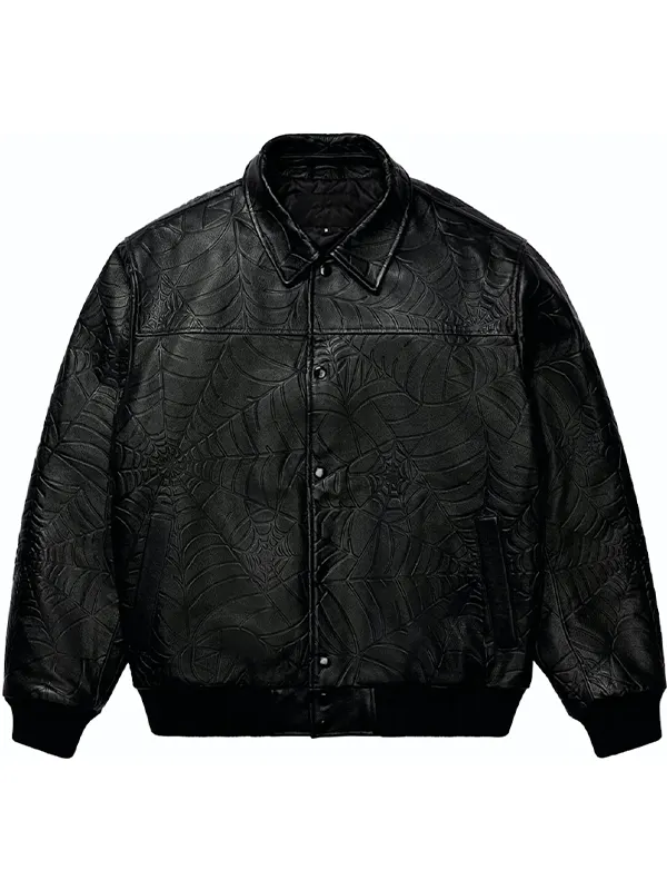 Sp5der Black Debossed Leather Web Jacket