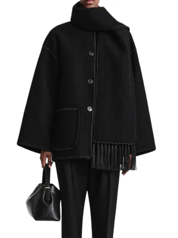 Toteme Embroidered Oversized Wool Black Scarf Jacket 