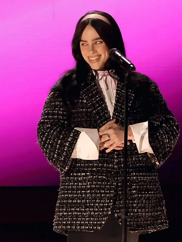 Oscars 2024 Billie Eilish Oversized Wool Black Tweed Coat