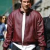 NYC 2024 Callum Turner Louis Vuitton Maroon Leather Jacket