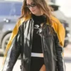 Hailey Bieber Black and Yellow Leather Jacket For Women