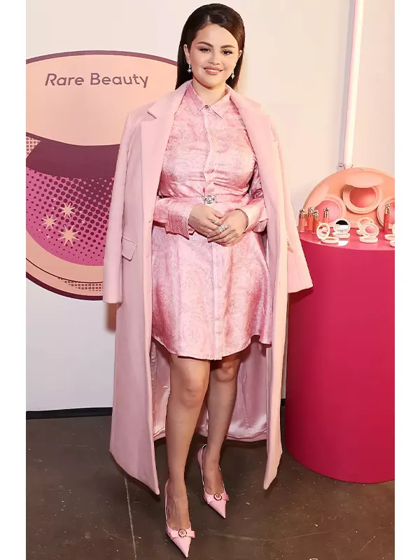 Selena Gomez Rare Beauty Staud Sanza Pink Coat