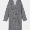 Zara Grey Check Linen Blend Double Breasted Oversized Coat