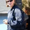 Hailey Bieber Navy Blue Zip Bomber Jacket