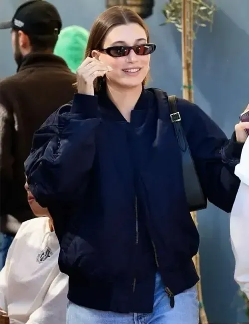 Hailey Bieber Navy Blue Zip Bomber Jacket