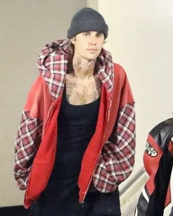 Justin Bieber Billie Eilish’s Concert Red Plaid Hooded Jacket