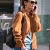 Katie Holmes Mango Suede Leather Brown Bomber Jacket - Recreation