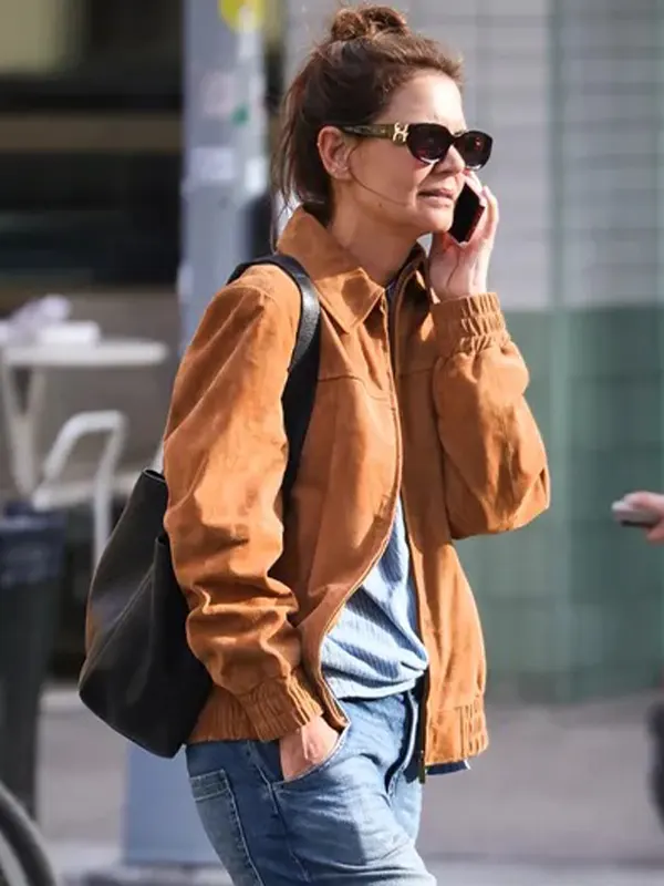 Katie Holmes Mango Suede Leather Brown Bomber Jacket - Recreation