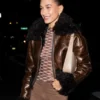 Hailey Bieber Brown Fur Leather Jacket