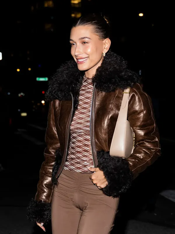 Hailey Bieber Brown Fur Leather Jacket