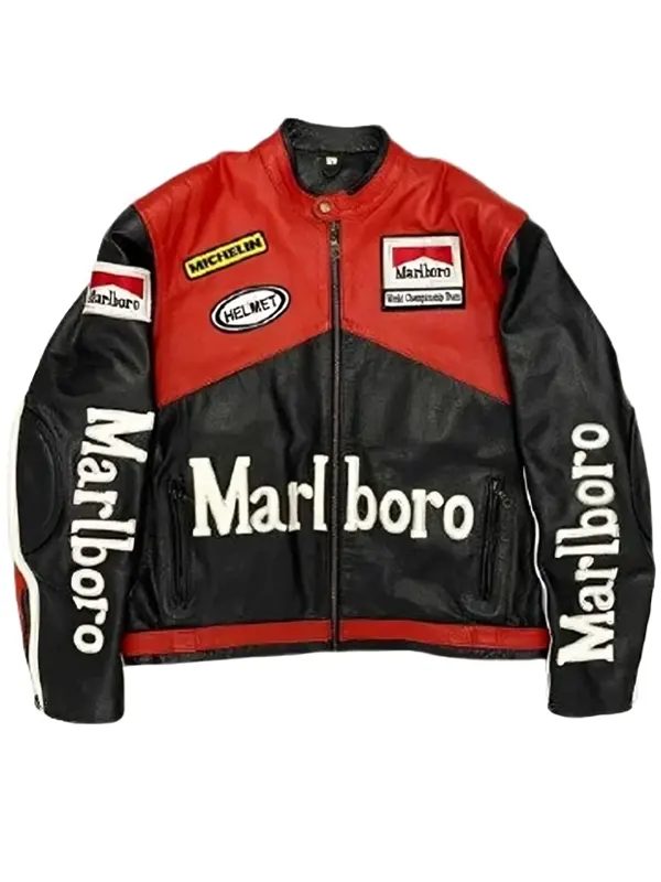 Marlboro Handmade White/Red Racing 100% Leather good Jacket For Men (M)