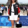 Nina Dobrev 2024 Paris Olympic Opening Ceremony Black And Red Leather Jacket