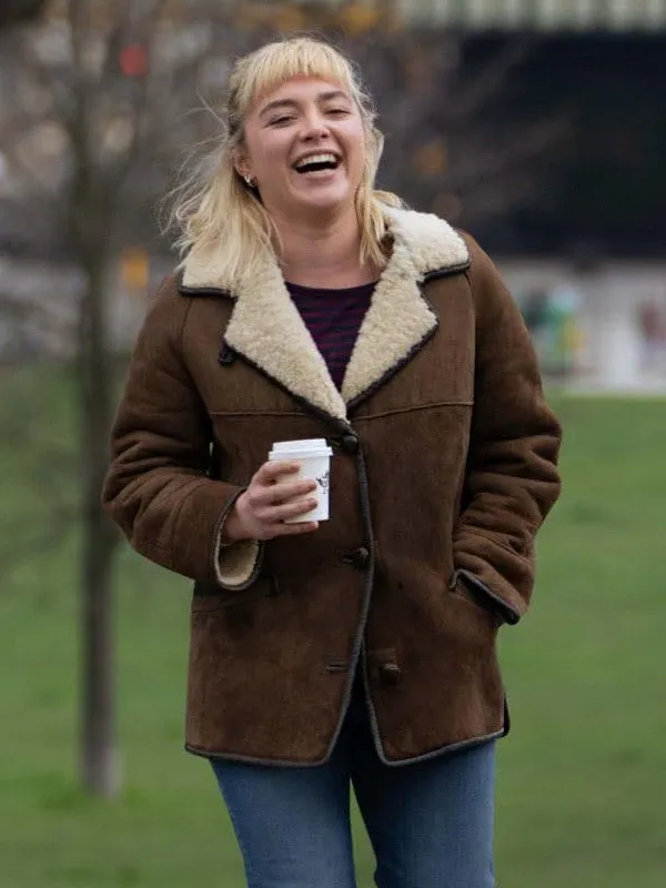 We live in Time Florence Pugh Suede Brown Shearling Jacket