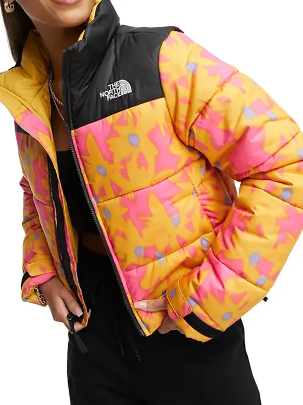 Yellow Flower Print Cropped Puffer Jacket