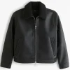 Abercrombie Cropped Sherpa-Lined Vegan Leather Aviator Jacket