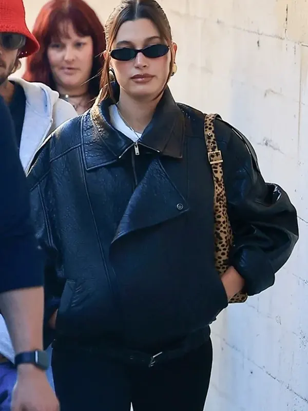 Hailey Bieber Oversized Black Leather Jacket