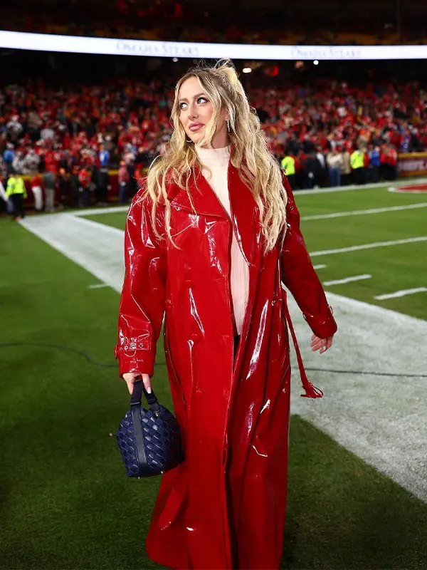 Brittany Mahomes Red Patent Leather Coat